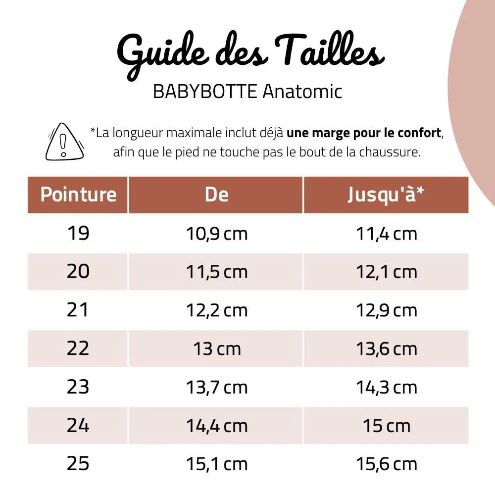 guide des tailles Bottillons Barefoot Anatomic Babybotte
