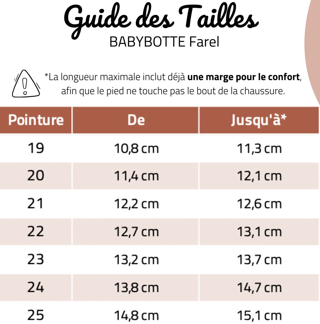 guide des tailles Baskets Farel Velour Cognac babybotte