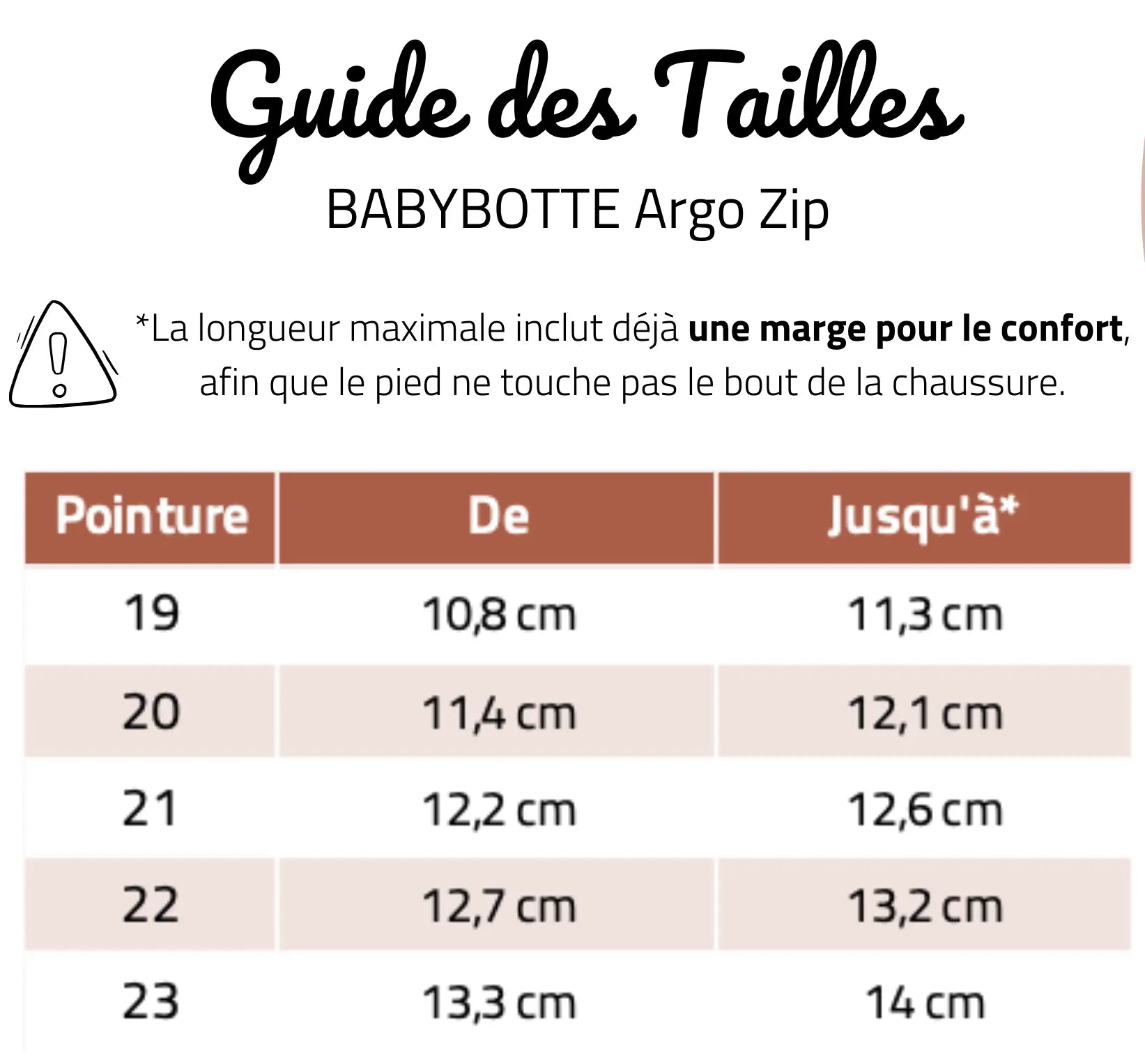 guide des tailles Bottillons Argo Zip Babybotte