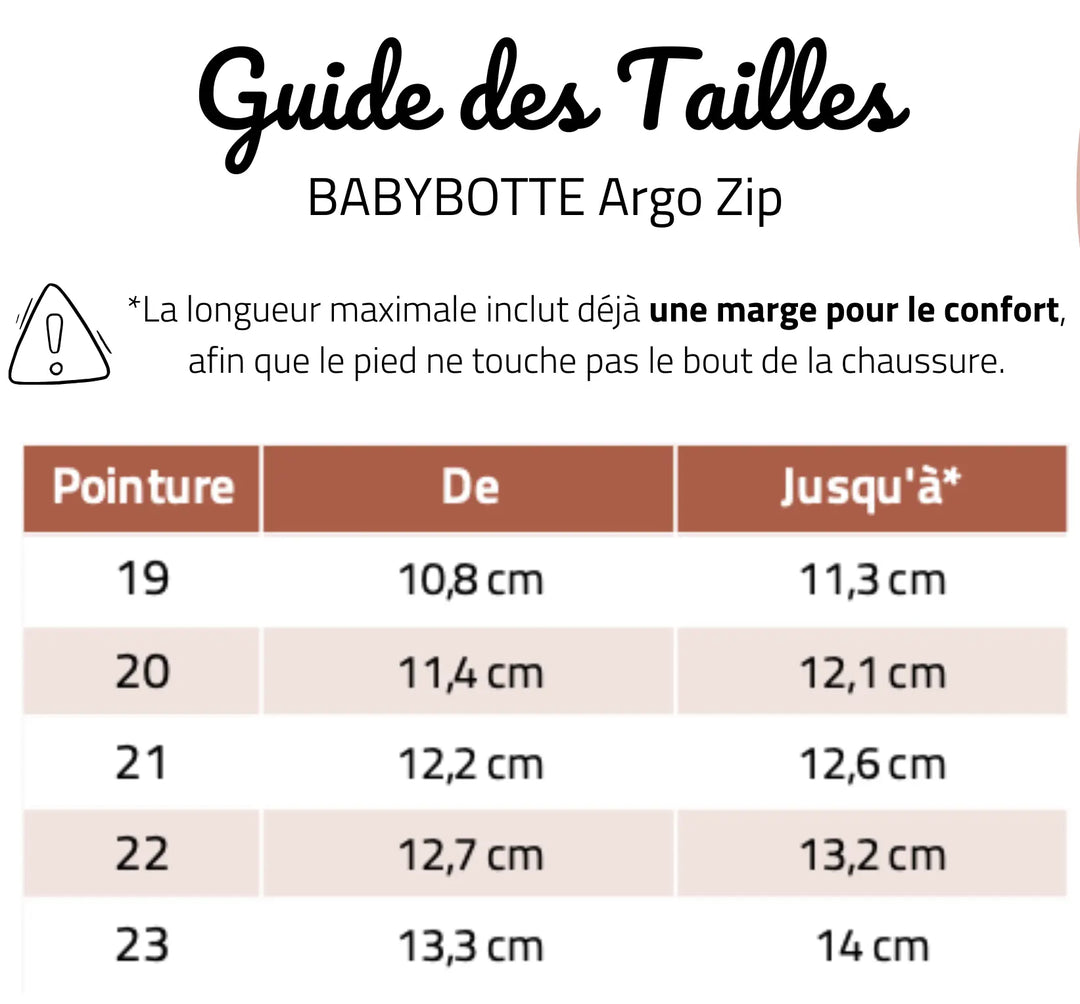guide des tailles Bottillons Argo Zip Babybotte