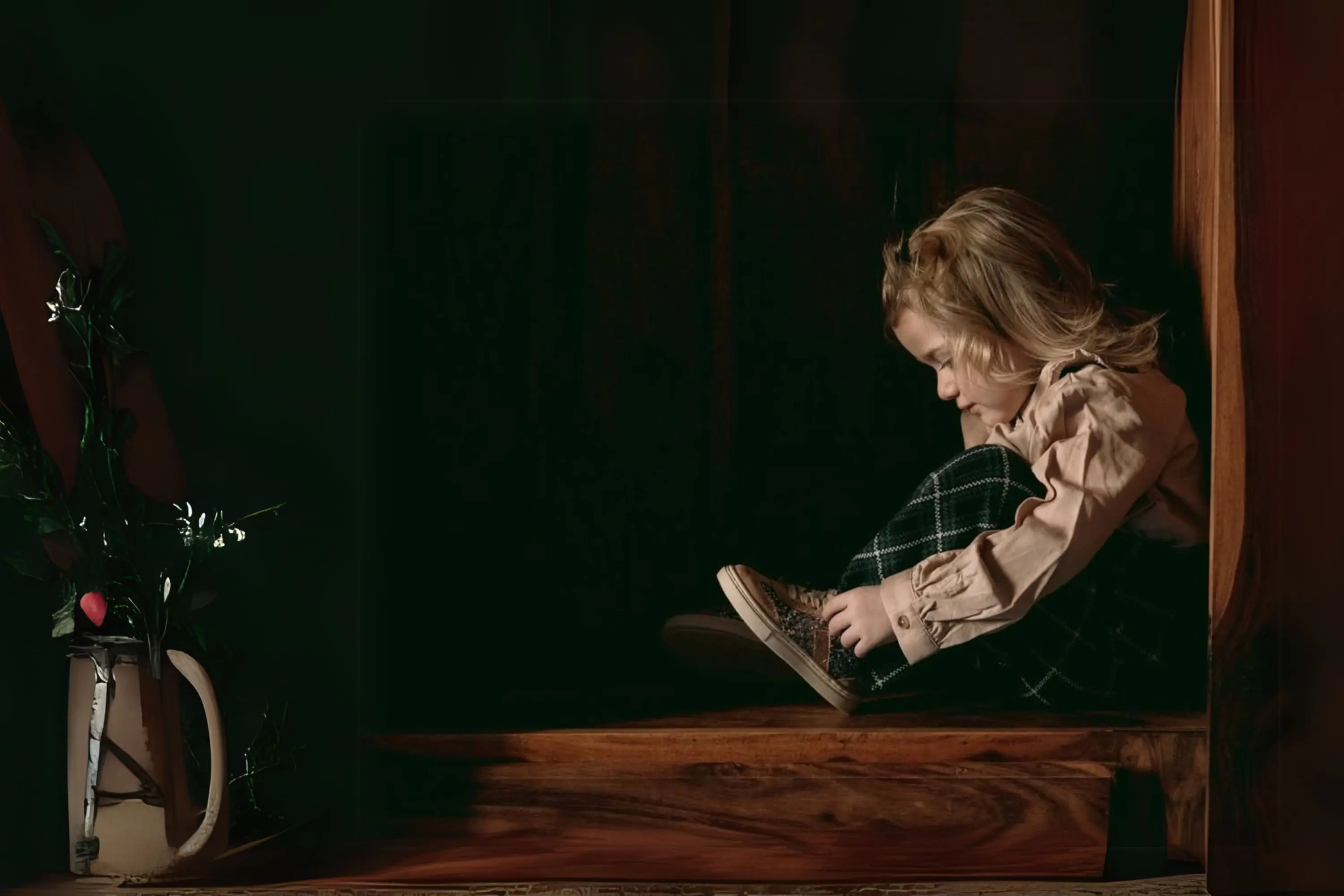 chaussures bébé petite fille assise bois plante