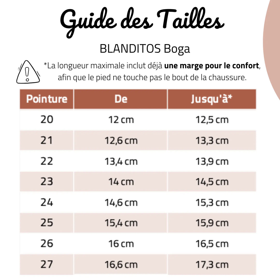 guide des tailles sandales barefoot blanditos boga
