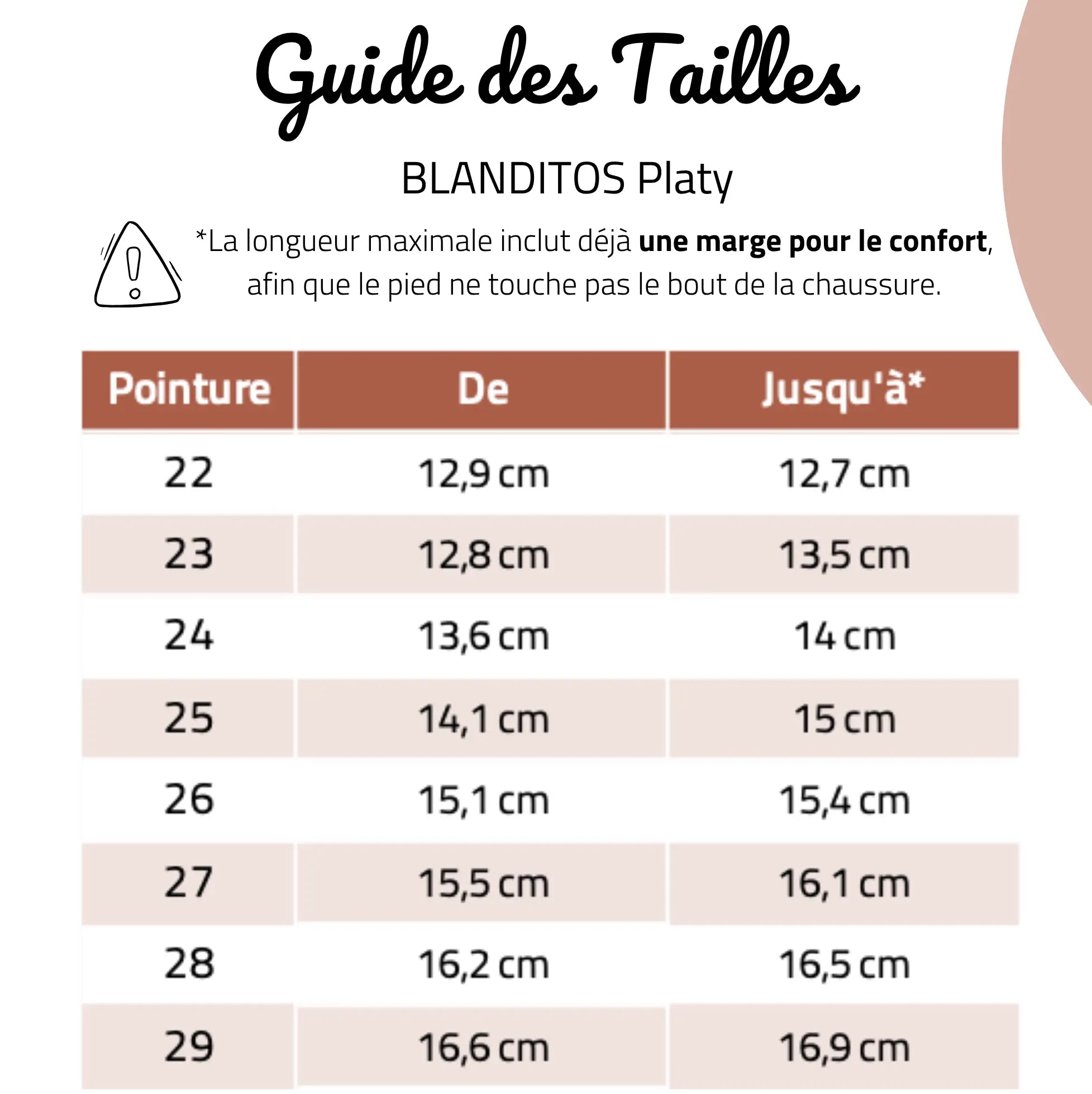 guide des tailles baskets Barefoot Vegan Platy Blanditos
