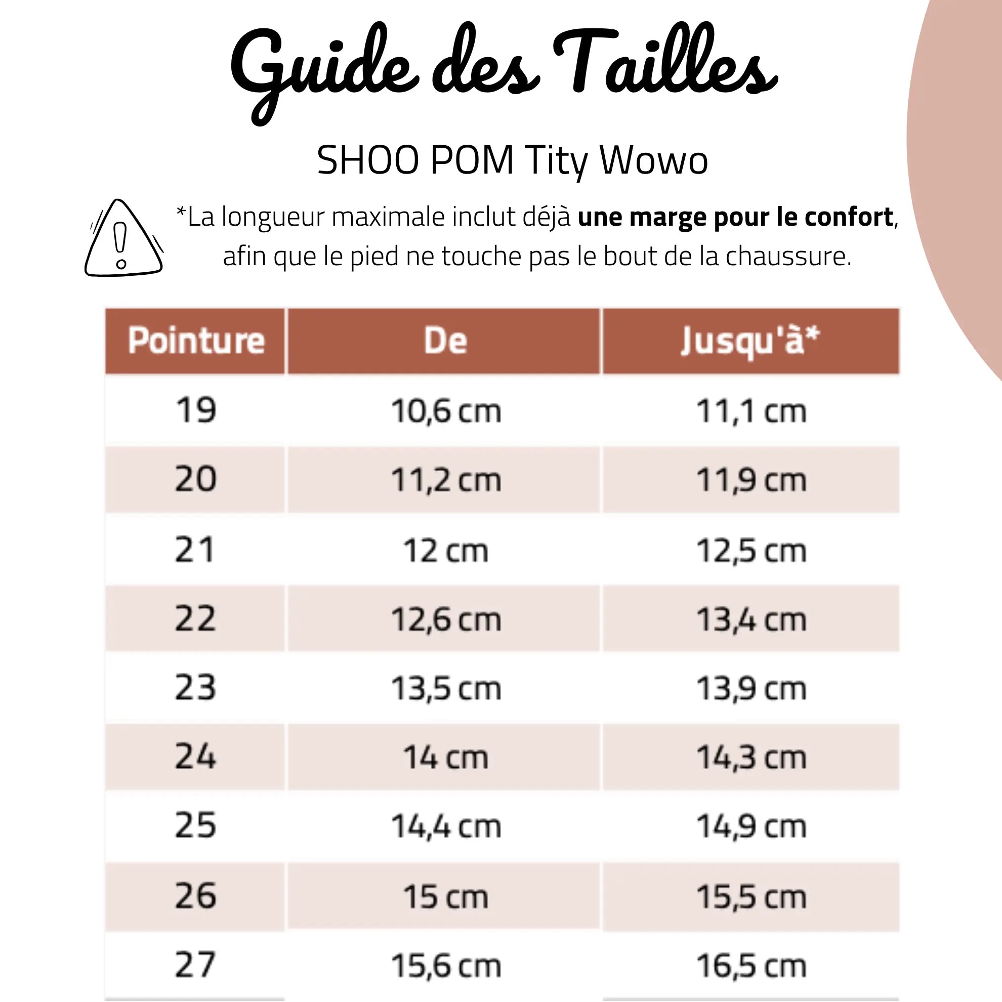 guide des tailles sandales Tity Wowo Shoo Pom