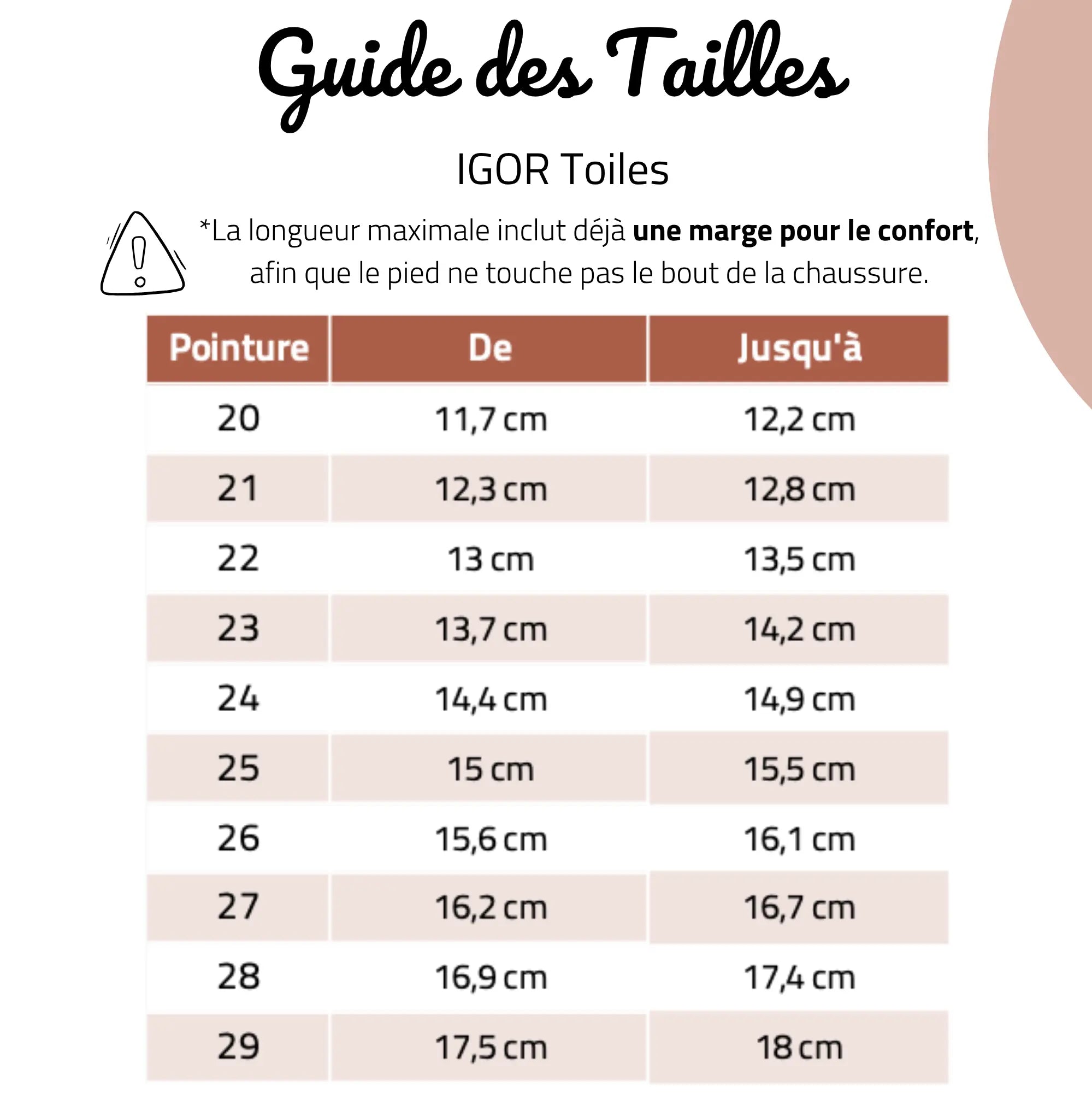 guide des tailles baskets en toile barefoot Igor