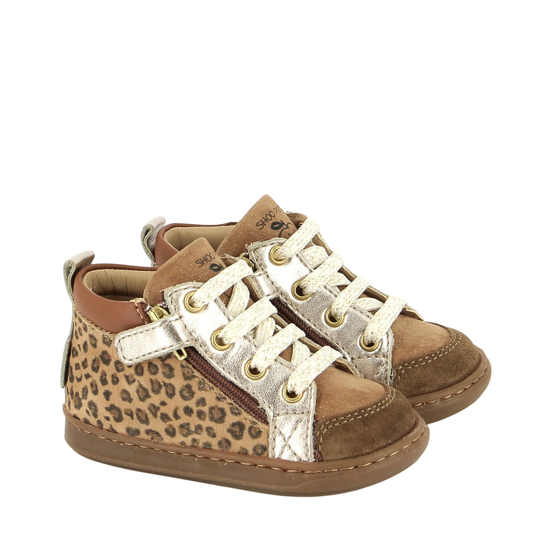 bottines bébé bouba bi zip imprimé leopard camel shoo pom
