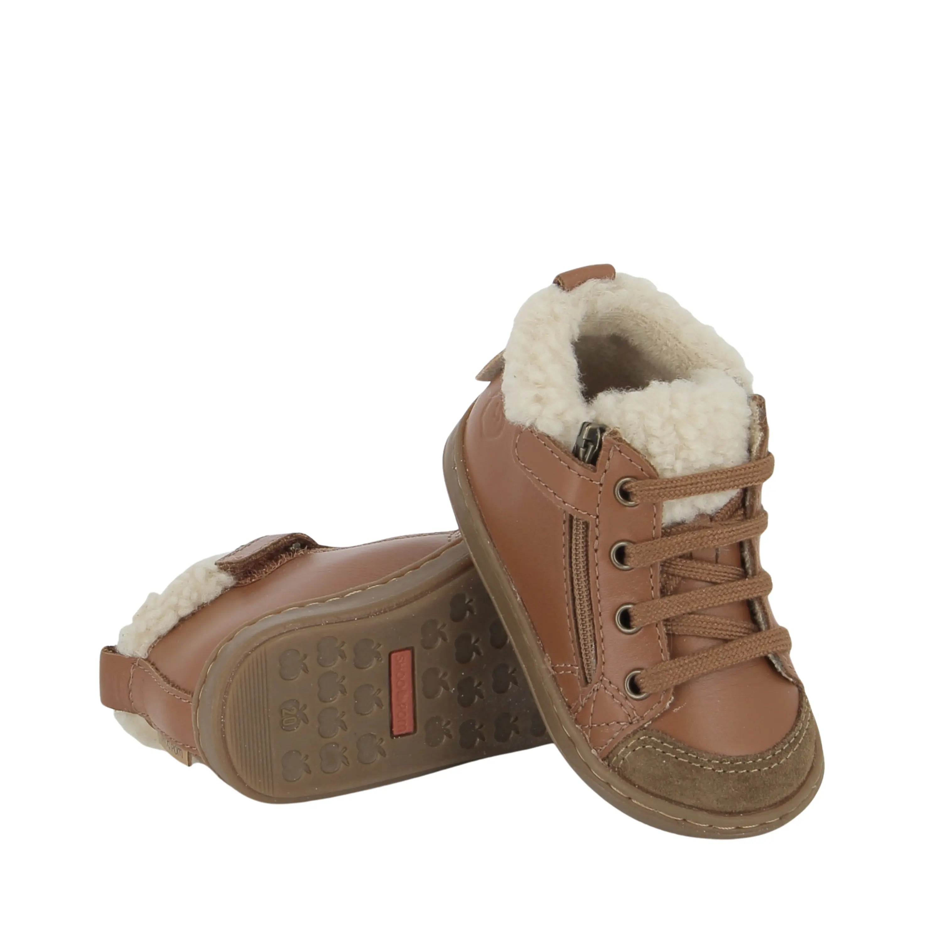 bottines fourrées bébé bouba zip wool nappa dk camel shoo pom