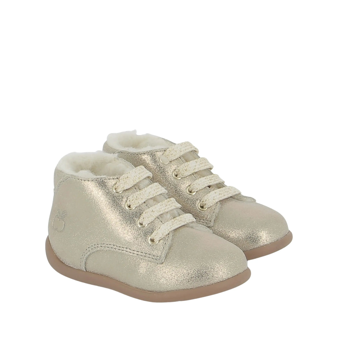 bottines fourrées bébé stand up derby fur laminato gold pom d'api