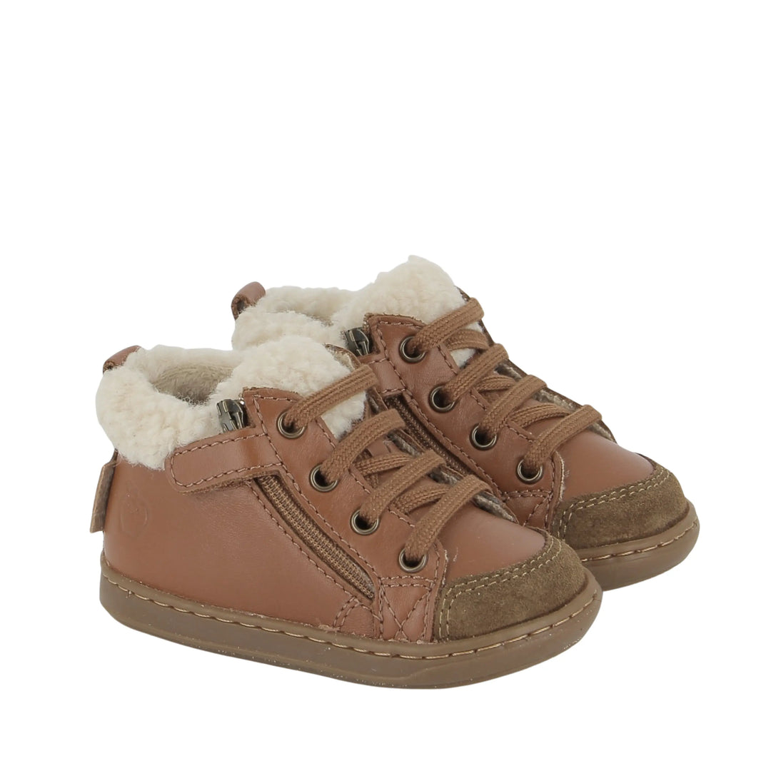 chaussures fourrées bébé bouba zip wool nappa dk camel shoo pom