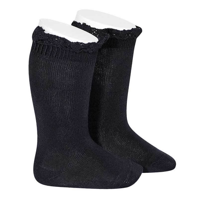 CONDOR Chaussettes Hautes Unies avec Dentelle sur bordure ma petite pointure #couleur_bleu-marine